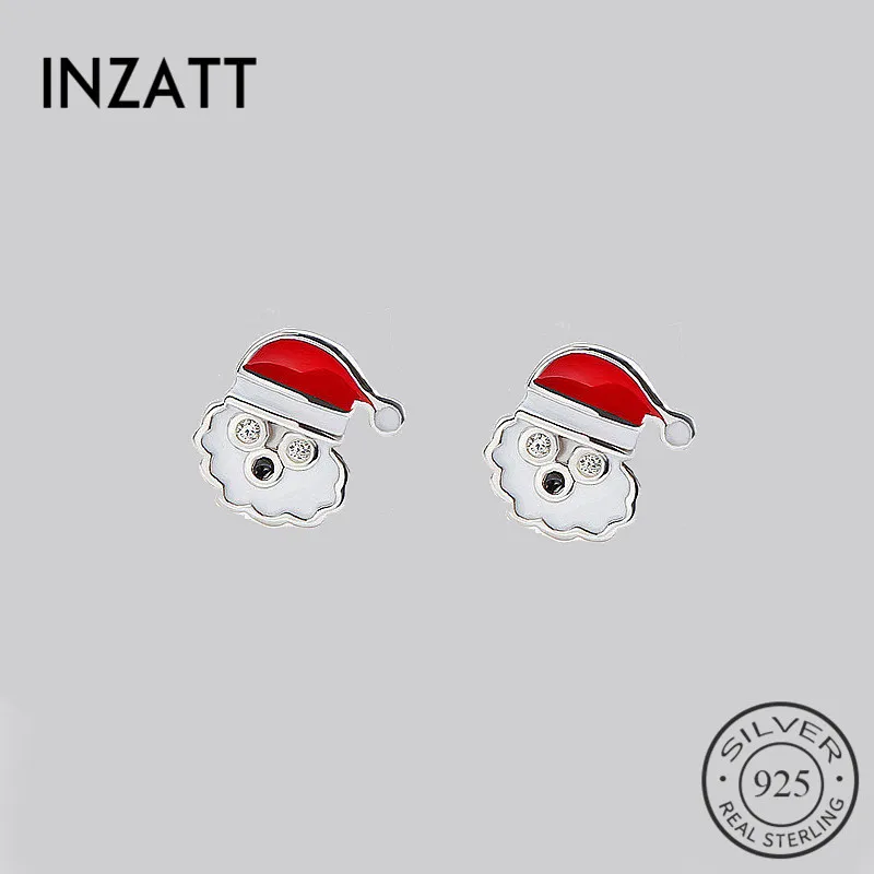 

INZATT Real 925 Sterling silver Santa Claus Enamel Stud Earrings For Women Christmas Eve Party Fine Jewelry Classic Gift Brincos