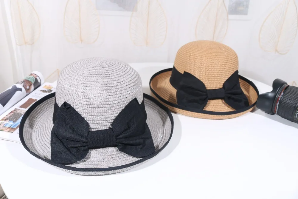 Модная соломенная шляпа для Для женщин летние Повседневное широкими полями ВС Кепки с бантом женские пляжный отдых Шапки большой козырек