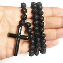 Модные унисекс четки ювелирные изделия черный болканический камень лавы с гематитом Крест Кулон Винтаж для мужчин ожерелье