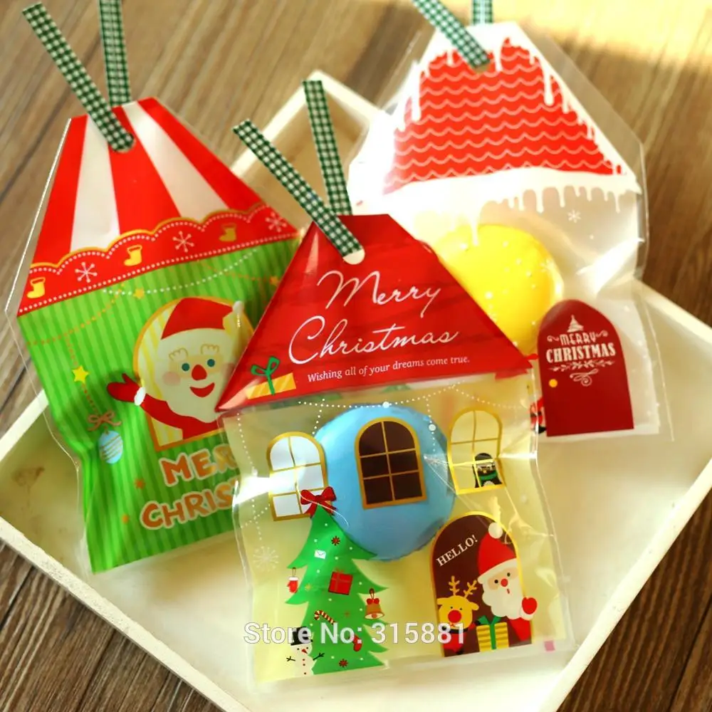 

Small House shape Christmas Cookie Bags Self Adhesive Seal Plastic Cookies Bags for Christmas Party Decoration 50pcs/lot
