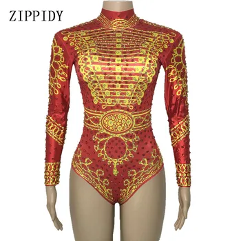 

Red Gold Rhinestones Printed Long Sleeve Sexy Leotard Female Singer Dance Costume Stage Nightclub Women's Birthday Show Bodysuit