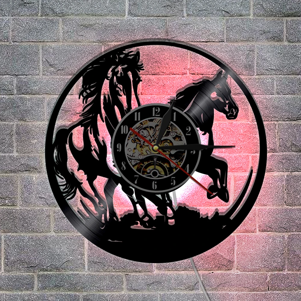 1 шт. лошади светодиодный светильник животные Виниловая пластинка настенные часы лошадь Лазерная травленая пульт дистанционного управления Современные часы