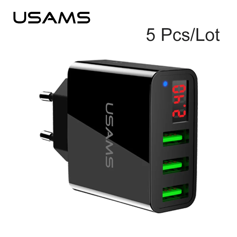 

5Pcs/Lot USAMS 3 Ports USB Phone Charger LED Display Max 2.4A Smart Fast Charging Mobile Wall Charger for iPhone xiaomi Samsung