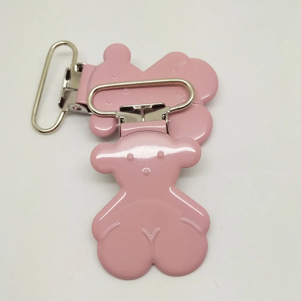 

Hot selling 20pcs pacifier holder clip painted baby pink color wholesale enamel bear suspender clips