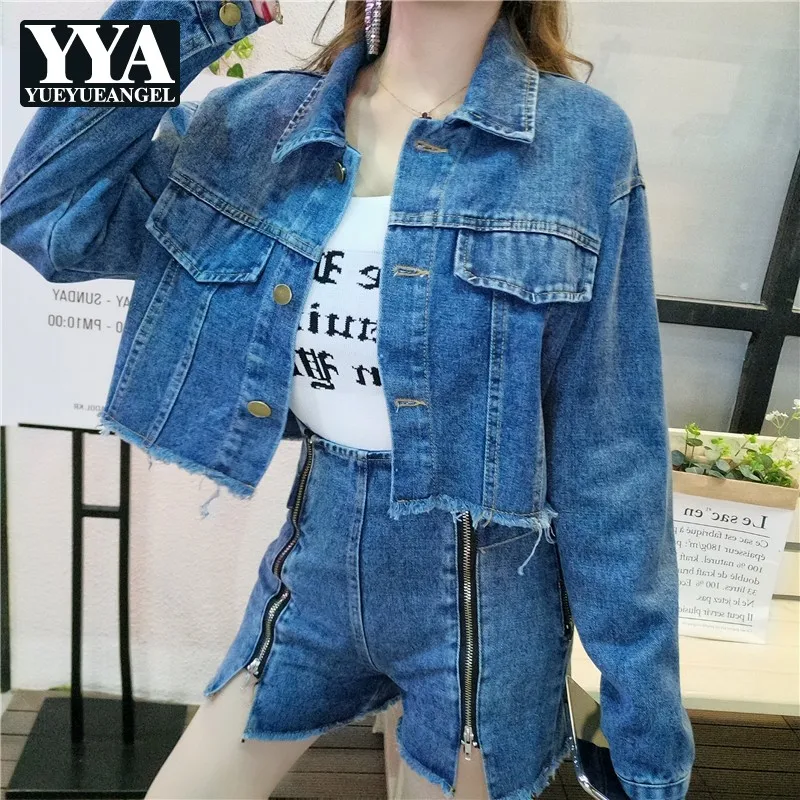 Straat Jeans Jas + Shorts Set 2019 Lente Herfst Nieuwe Vrouwen Lange Mouw Korte Jas Denim Korte Broek 2 Stuk shorts Sets