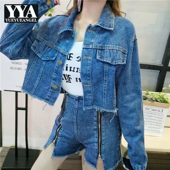 

Street Jeans Jacket + Shorts Set 2019 Spring Autumn New Womens Long Sleeve Short Jacket Denim Short Pants 2 Piece Shorts Sets