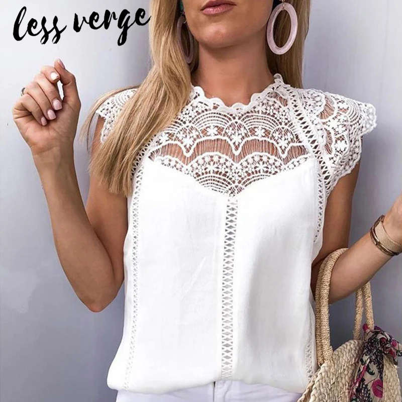 

lessverge Sexy white lace chiffon blouse women Hollow out short sleeve black elegant tops Office lady solid summer blouse female