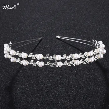 

Miallo Fashion Bride Crown Leaf shape Rhinestone Wedding Headband ivory white Pearl Wedding Headpiece Rim for Hair