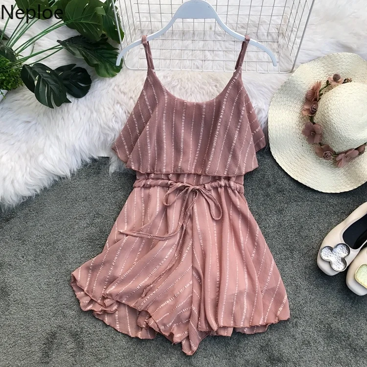 

Neploe 2019 New Stripe Sling Chiffon Jumpsuits Summer Sexy Strapless Bodysuits Lace-up Waist-controlled Ruffles Playsuits 52224