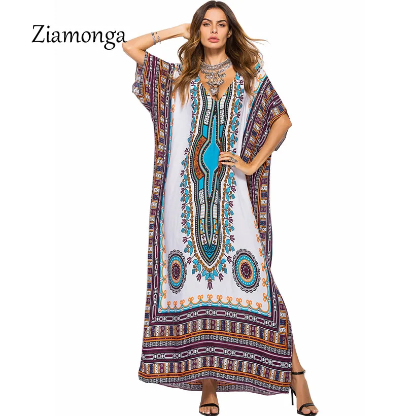 

Ziamonga African Kaftan Dresses For Women Summer Thinic Dashiki Dress Robe Traditional African Clothing Long Maxi Tunic Dress