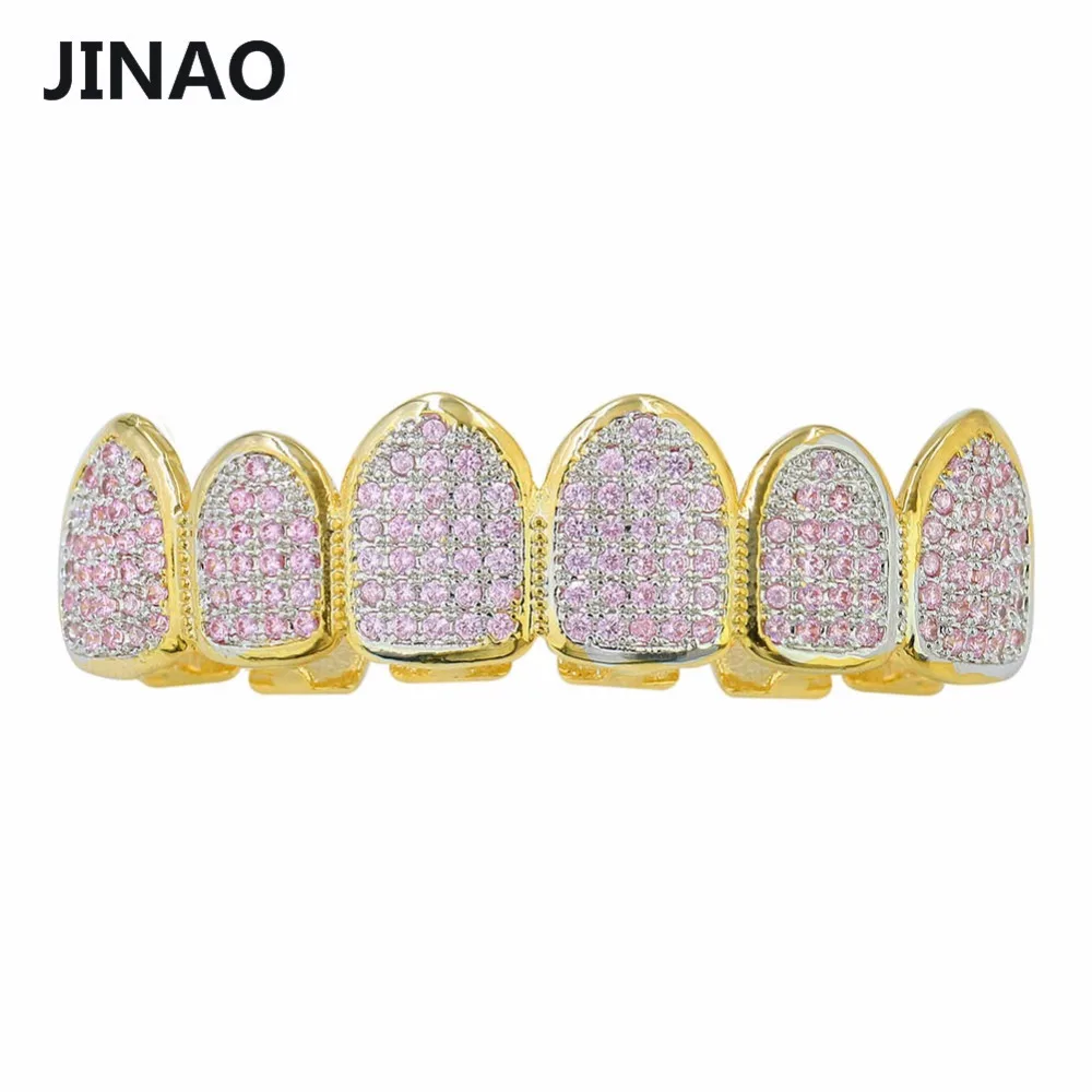 JINAO хип хоп золотые зубы Grilllz все Iced Out Micro Pave розовый CZ камни женская верхняя и нижняя грили набор