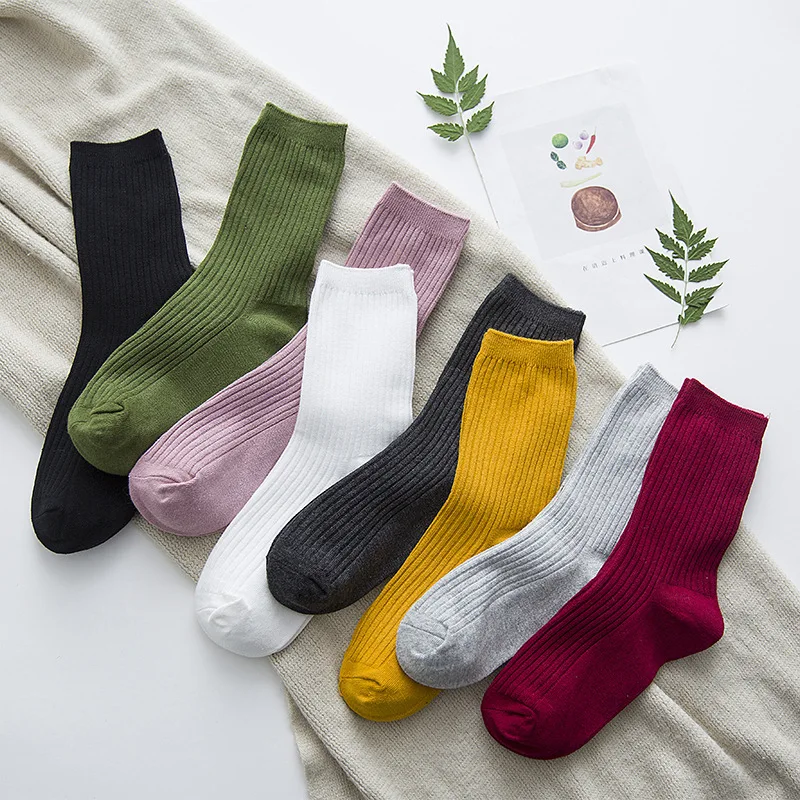 Uwback 10 Pairs Women Ribbed Socks Solid Color Casual Bauble Sock ...