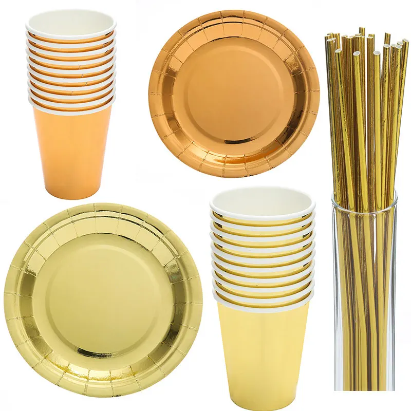 

10Pcs/Set Gold silver Paper Disposable Tableware Christmas Birthday Party Paper Plates Cup Carnival Party Supplies Plastic Straw