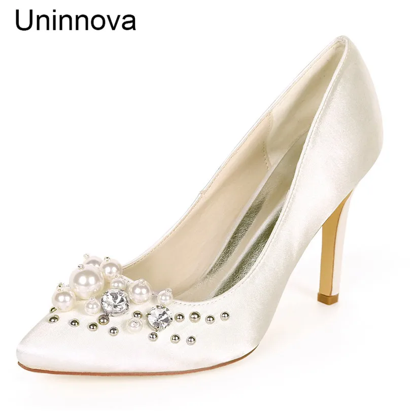 

Women Pointed Toe String Bead Embellished Satin Ivory White Thin Heel Wedding Shoes Bridal Evening Pumps Uninnova 0608-01F