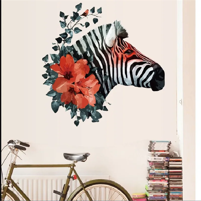Self Adhesive Wall Sticker Decorative DIY Decal Black Zebra Red Flower 3D Art Wall Stickers
