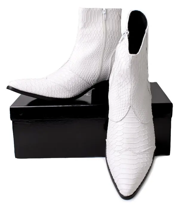 

Western Style Snakeskin Pattern Ankle Boots For Men Black,White,Brown Botas Masculino Fashion Cowboy Boots Plus Size Men Shoes