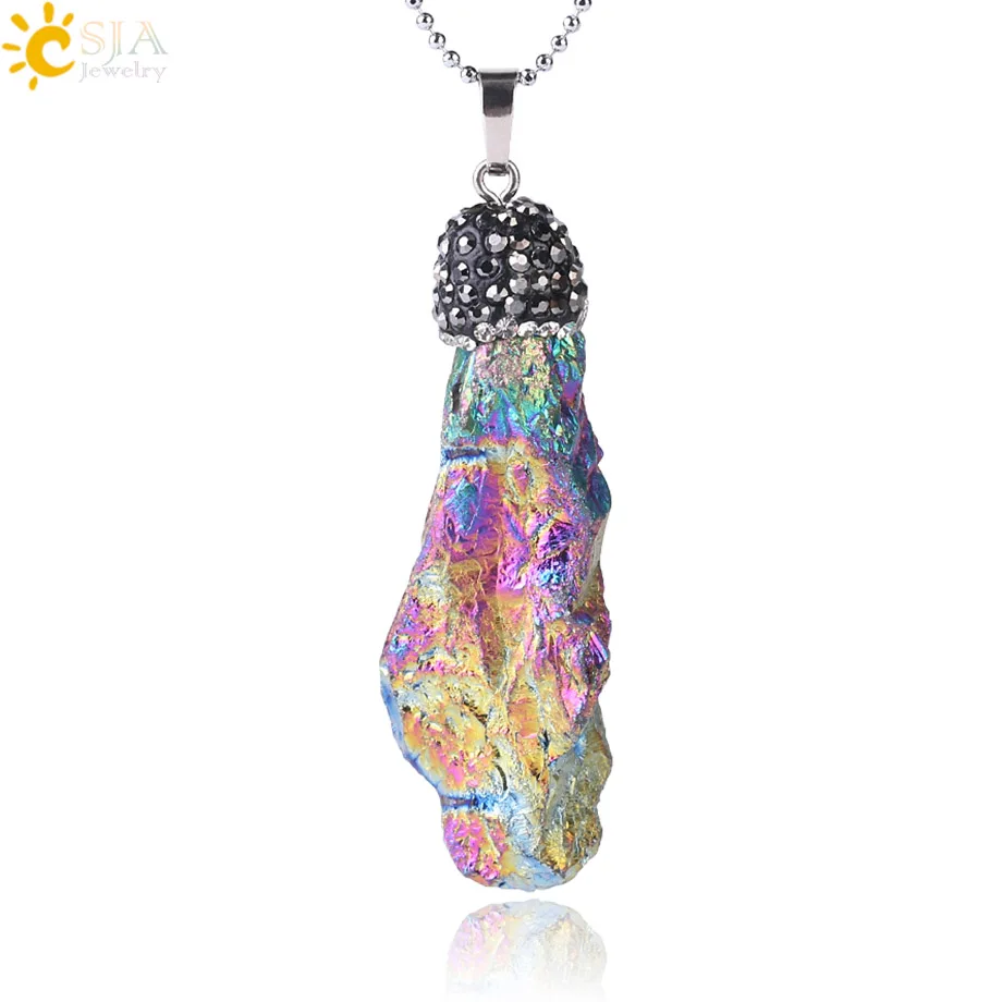 

CSJA Natural Crystal Quartz Gem Stone Pendants Cubic Zircon Rhinestone Necklace Wedding Multicolor Irregular Pendulum Charm E315