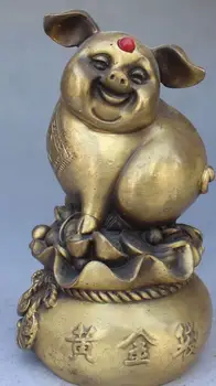 

yy ymy 6710628++Chinese Bronze Wealth Yuanbao Zodiac Year Bag Gold Pig Animal Statue