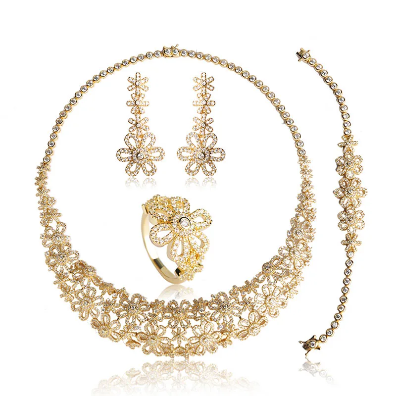 

Dazz Only Love Wedding Jewelry Sets Full Zircons Flower Design Drop Earrings Luxury Choker Necklace Bracelet Bridal Rings Set