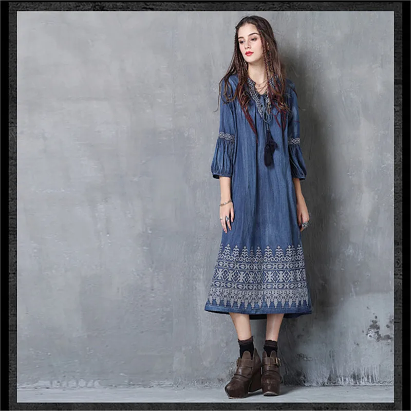 Women Tassel Dress Vestido 2019 Spring New Denim Vestidos V-Neck Three Quarter Lantern Sleeve Flower Embroidery Vintage Dresses (9)