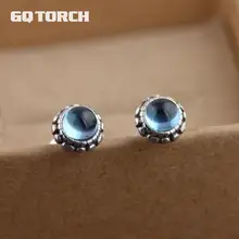 925 пробы серебряные серьги-гвоздики с голубым топазом для женщин, винтажный стиль, тайский серебряный цветочный дизайн, Brincos