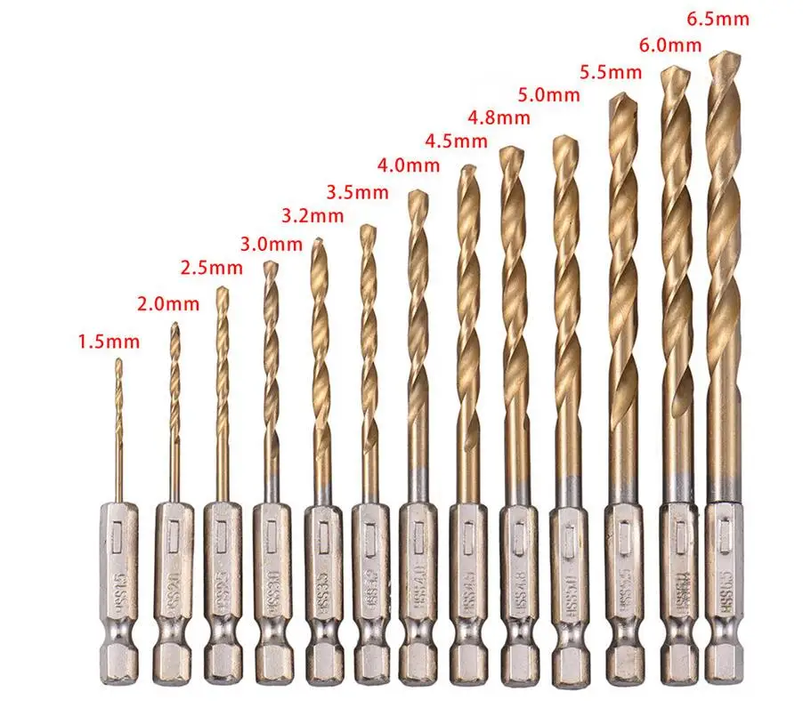 13 шт./компл. HSS Титан покрытие набор сверл 1/4 шестигранный хвостовик 1,5-6,5 мм для дерева и пластиковая пластина