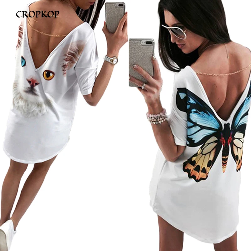 

CROPKOP Summer Women Dress 2018 Character Butterfly Print Sexy Deep V Flush Shoulder Half Sleeve Boho Dresses Vestidos