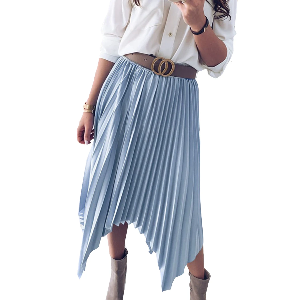 Модные женские плиссированные асимметричные юбки летние синие розовые свободные юбки женские эластичные однотонные миди юбки с высокой талией уличная