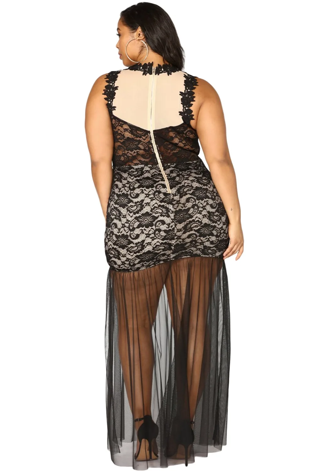 Black-Plus-Size-Lace-Maxi-Dress-with-Tulle-LC610259-2-2