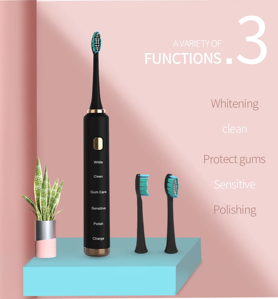 Escova de Dentes Temporizador sem Fio Cabeça da Escova Aqui Mega Ultra Sonic Elétrica 5 Modos Limpeza Carga Usb Branqueamento Substituível 6 Eletrodomésticos
