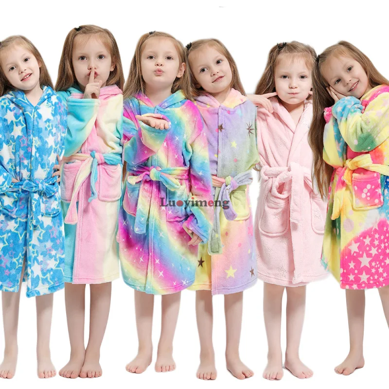 New Winter Bathrobe for Children Girls Flannel Warm Nightgown Robe Unicorn Star Hooded Dressing Gown Baby Boys Pajamas Bath Robe