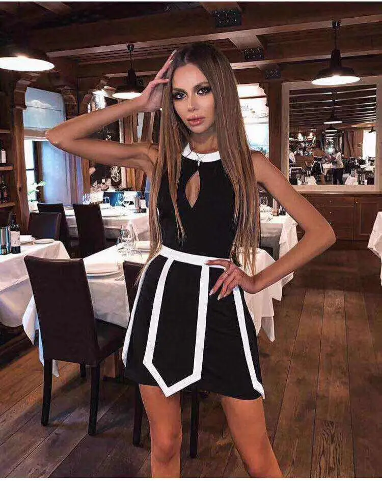 

High Quality Black White Patchwork Rayon Bandage Dress Homecoming Party Dress