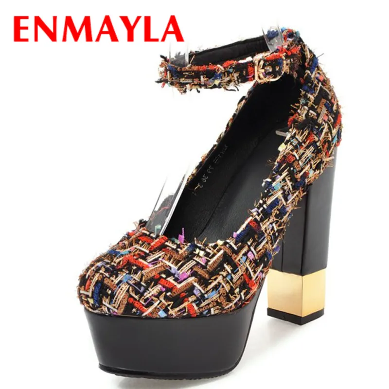 

ENMAYLA Ankle Strap Shoes Woman High Heels Pump Party Wedding Shoes Buckle Strap Round Toe Platform Shoes Plus Size 34-43