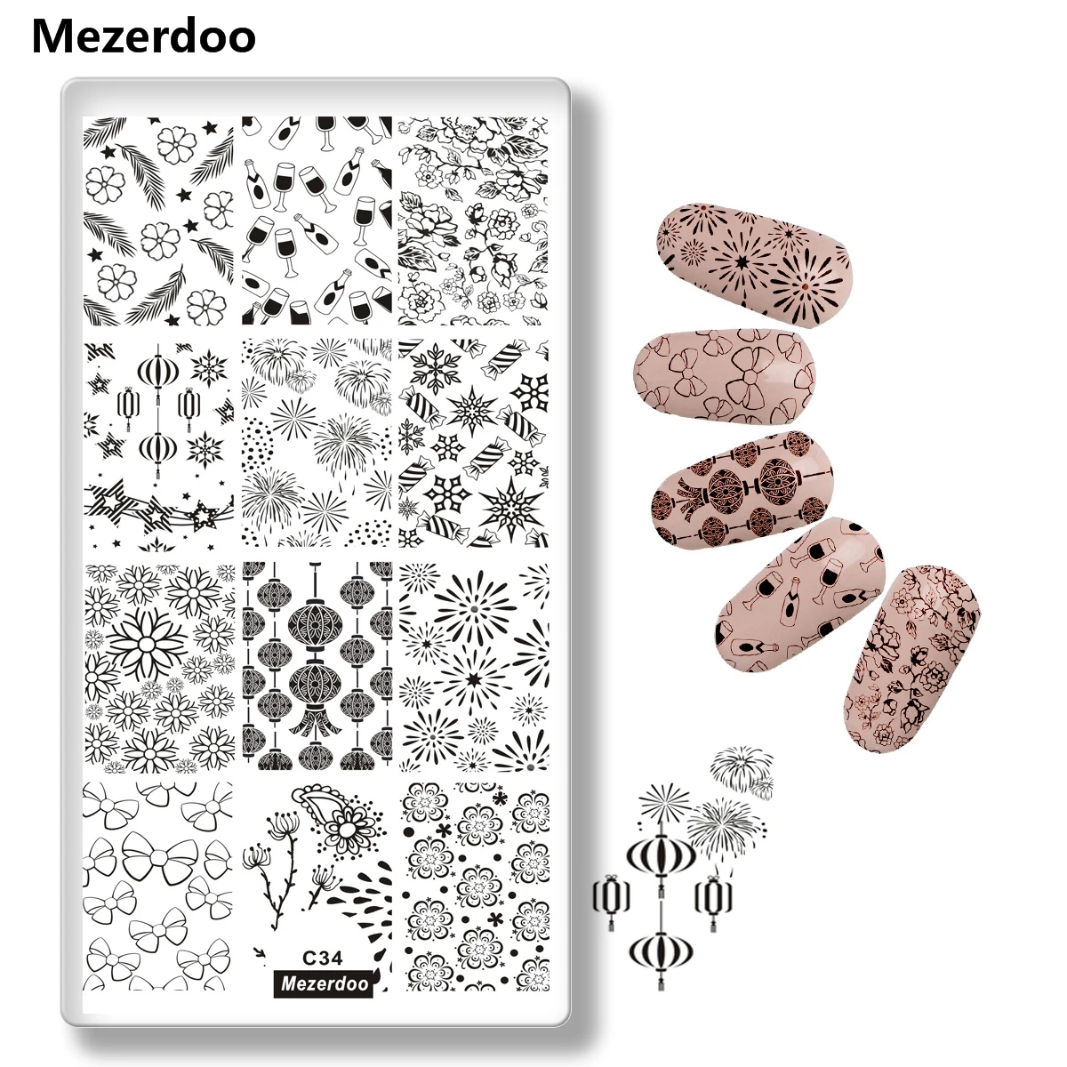 

Celebration Rectangle Nail Stamping Plate Lovely Bowknot Firework Lantern Image Plate DIY Stamp Template Nail Stencil Tool C34