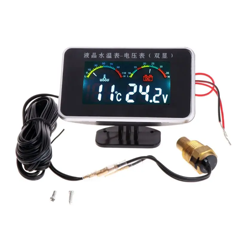 

12V/24V Car LCD Water Temperature Meter Thermometer Voltmeter Gauge 2in1 Temp & Voltage Meter 17mm Sensor