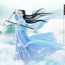 Хуа qiangu Голубой шифон костюм феи ханьфу для фотографии или Косплэй для ТВ играть Хуа Цянь ГУ путешествие цветок
