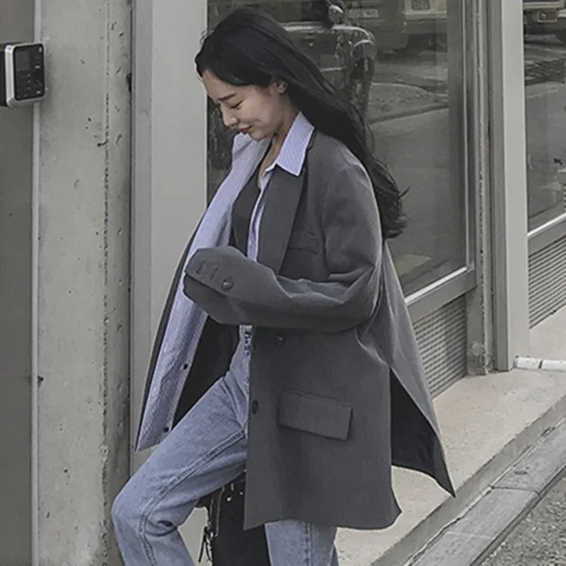 

LANMREM 2019 Spring New Fashion Women Loose Plus Casual Stitching Striped Double-breasted Short Trench Coat TC215