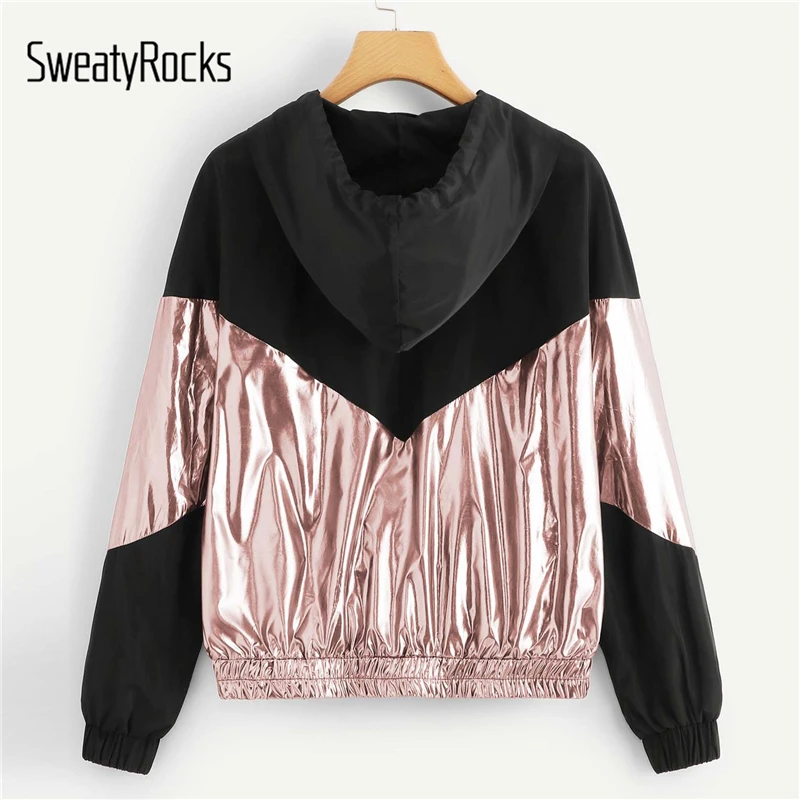 SweatyRocks جيب الجبهة معدنية هوديي سترة Colorblock النساء مقنعين قمم الربيع الخريف سستة نشط ارتداء معاطف وسترات