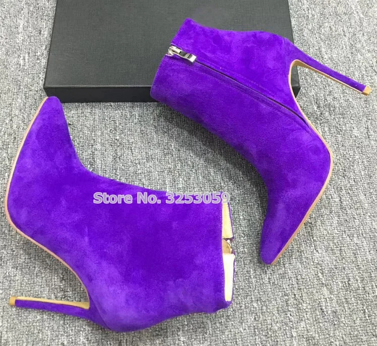 

ALMUDENA Women Concise Purple Suede Pointed Toe Ankle Boots Thin High Heel Zipper Autumn Dress Boots Street Fashion Pumps Size43