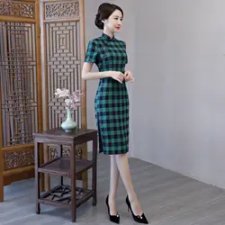 Пикантные по колено Cheongsam Традиционный китайский стиль платье с короткими рукавами Новый для женщин Весна Хлопок Qipao Тонкий платья для