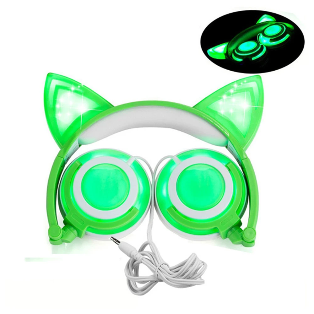 Причудливый мигающий светящийся над-ear светодиодный кошачий наушник для маленьких девочек 3D стерео Hifi Звук музыкальная игровая гарнитура с микрофоном - Цвет: Зеленый