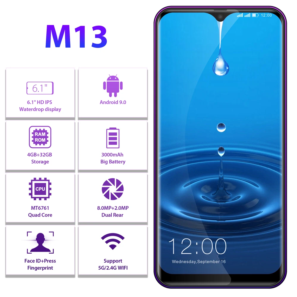 LEAGOO M13 Android 9,0 19:9 6," смартфон 4 ГБ 32 ГБ MT6761 четырехъядерный отпечаток пальца Лицо ID LTE 4G мобильный телефон с двумя sim-картами