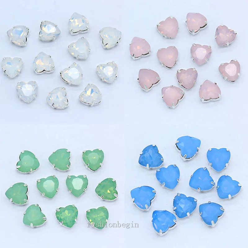 

24p 8mm 10mm white/green/blue/pink Opal Heart shape crystal glass sew on rhinestones jewels silver base For Clothing Decoration