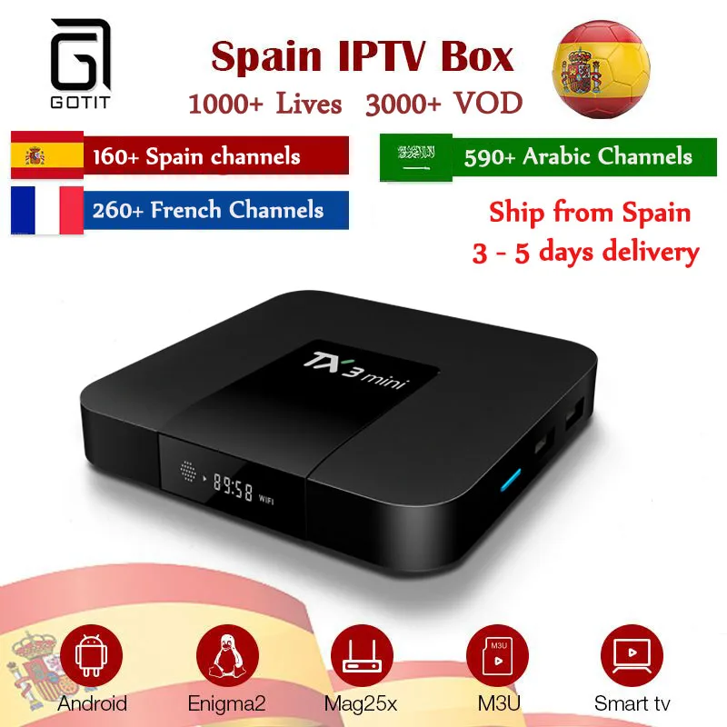 

GOTiT TX3Mini 2G/16G Quad Core Smart TV Box H.265 4K 2.4GHz WiFi Android Smart TV BOX with Spain French Abrabic IPTV Account