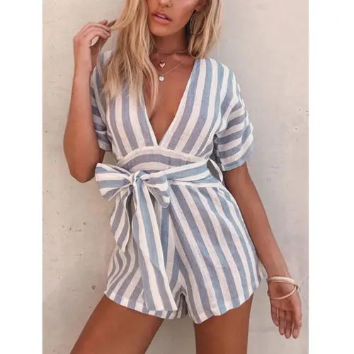 Модные женские Костюмы женские короткий рукав полосатый Повседневное Playsuit Клубная одежда Летний комбинезон Bodycon Вечерние комбинезон