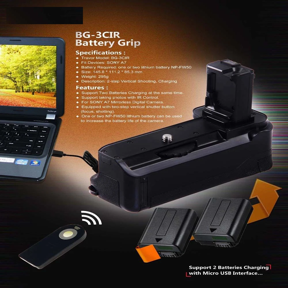  JINTU Power Battery Grip Pack Holder for SONY A7 A7R A7S +IR Remote +2pcs NP-FW50 Kit DSLR Mirrorle