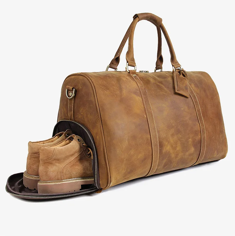 

Crazy Horse Leather Men Travel Bag Vintage Travel Duffel Carry On Flight Cow Leather Luggage Weekend Large Shoulder Bag