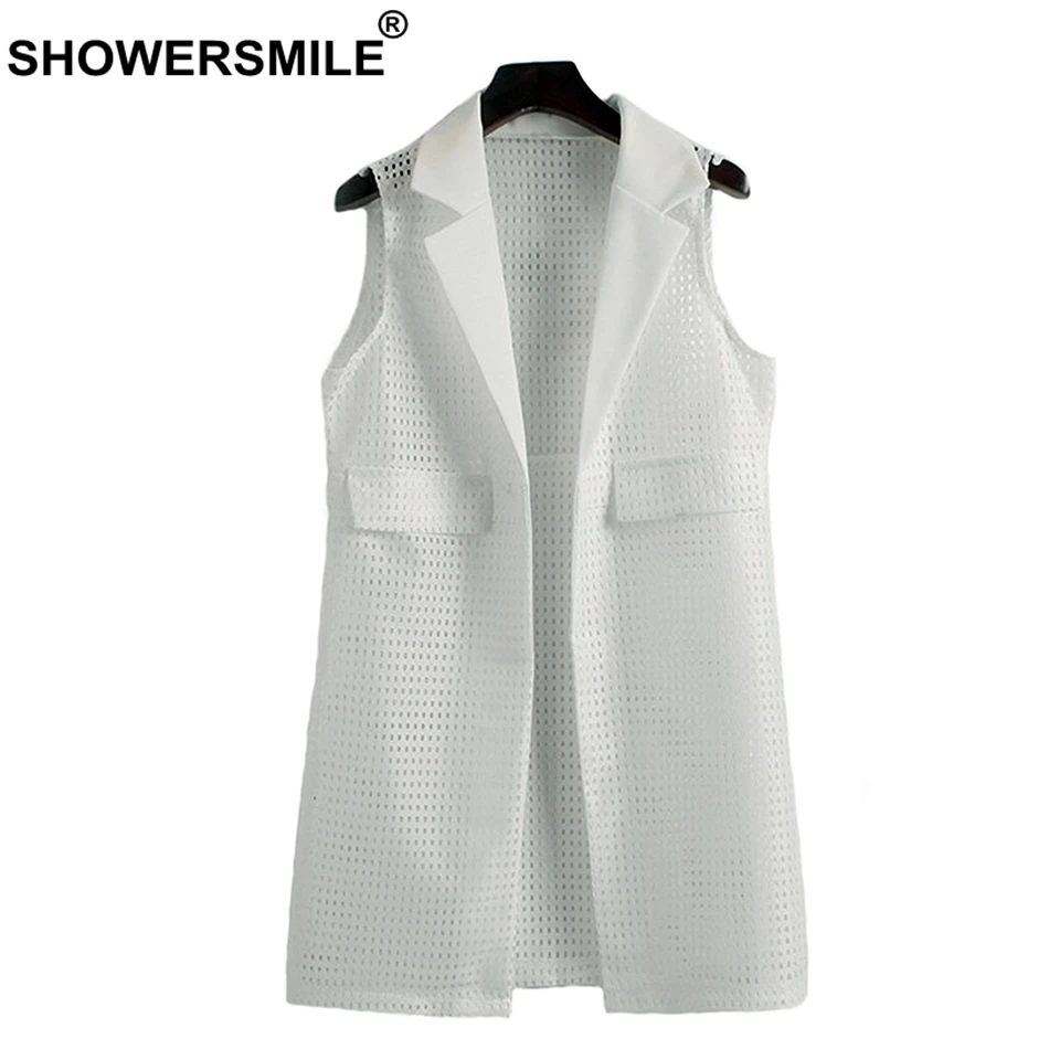 SHOWERSMILE White Vest Women Long Elegant Waistcoat Ladies OL Korean Style Hollow Out Female Spring Summer Sleeveless Jackets