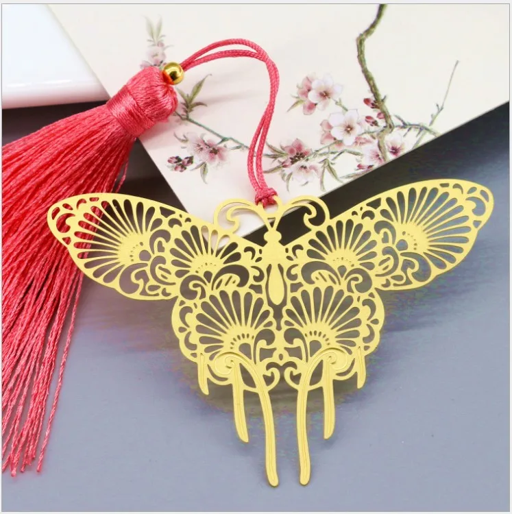 

Free shipping 100PCS wedding favor Metal Bookmark baby birthday gifts 15 styles brass flower peacock tassel Bookmarks for Book