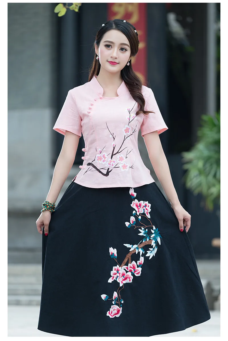 Летний народный стиль китайский Cheongsam хлопковый льняной костюм Тан Топы ручная роспись печать короткий рукав традиционная блуза